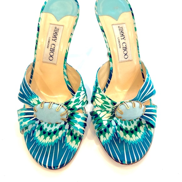 JIMMY CHOO 3inch Multi Colored Slip on Sandals Blue/Green/Gold 💙💚💙💚 - Picture 4 of 5